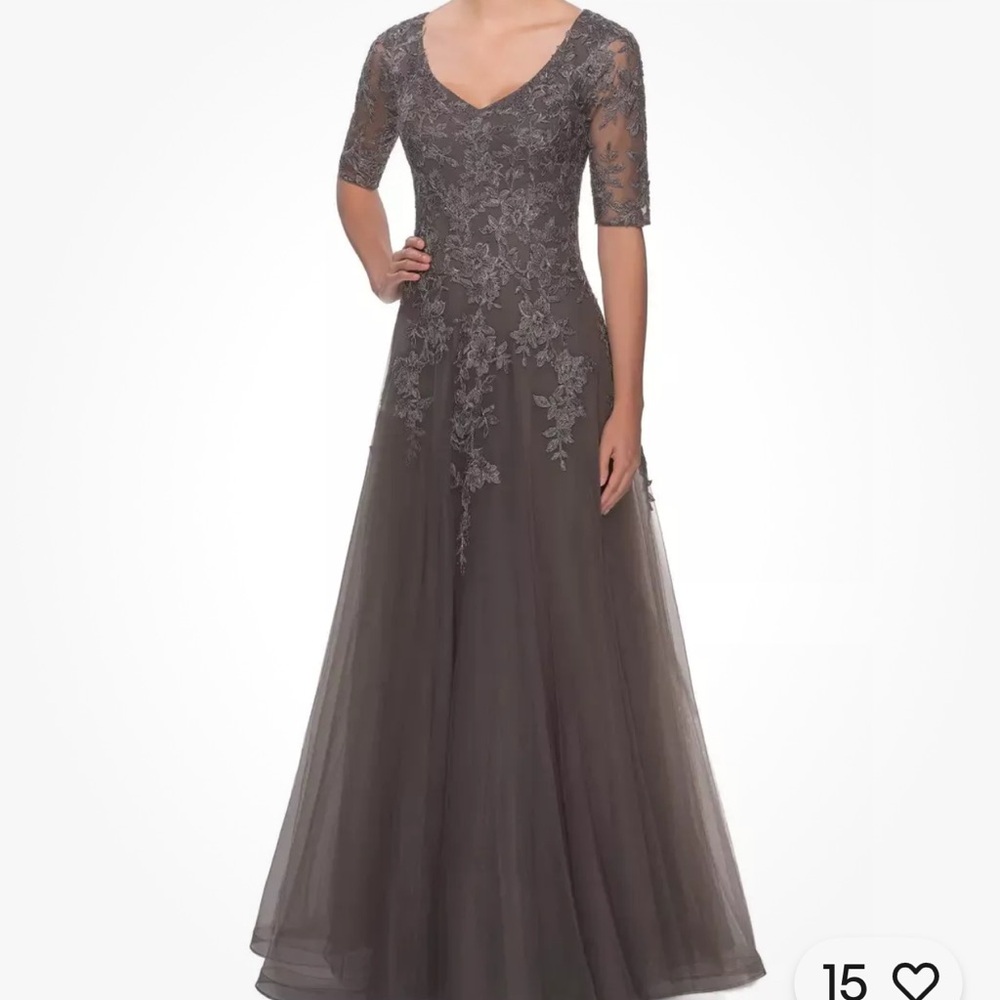 La Femme Gray Embellished Tiered Gown V-Neck